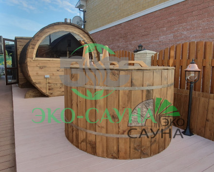 Баня-бочка люкс 6м x 2,50  - термо древесина  панорамное стекло  