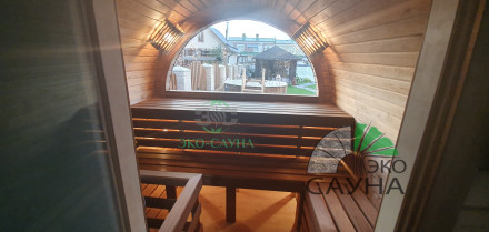 Баня-бочка люкс 6м x 2,50  - термо древесина  панорамное стекло  